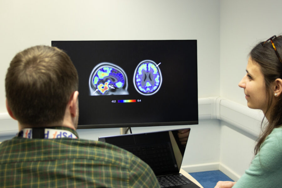 Two researchers view a brain scan