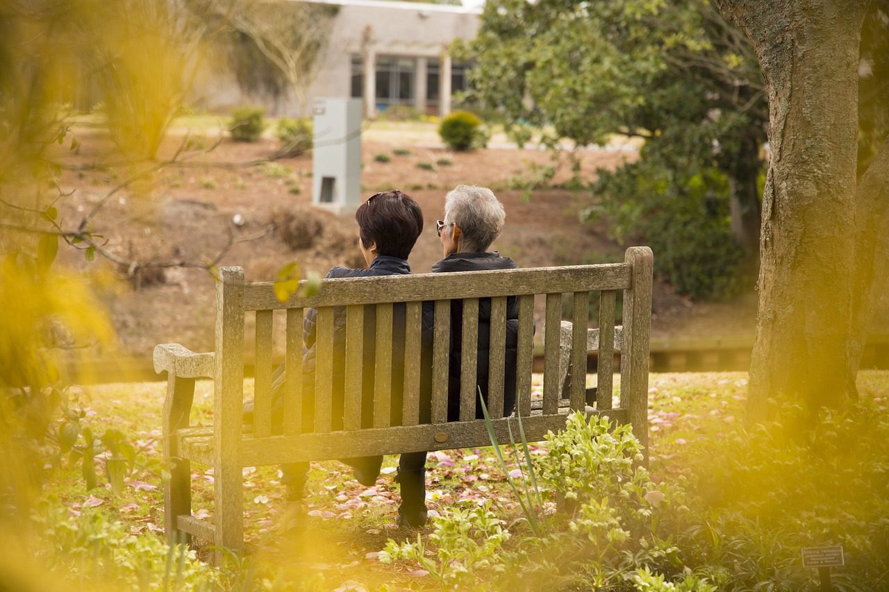 Two ladies sitting on a bench in the park